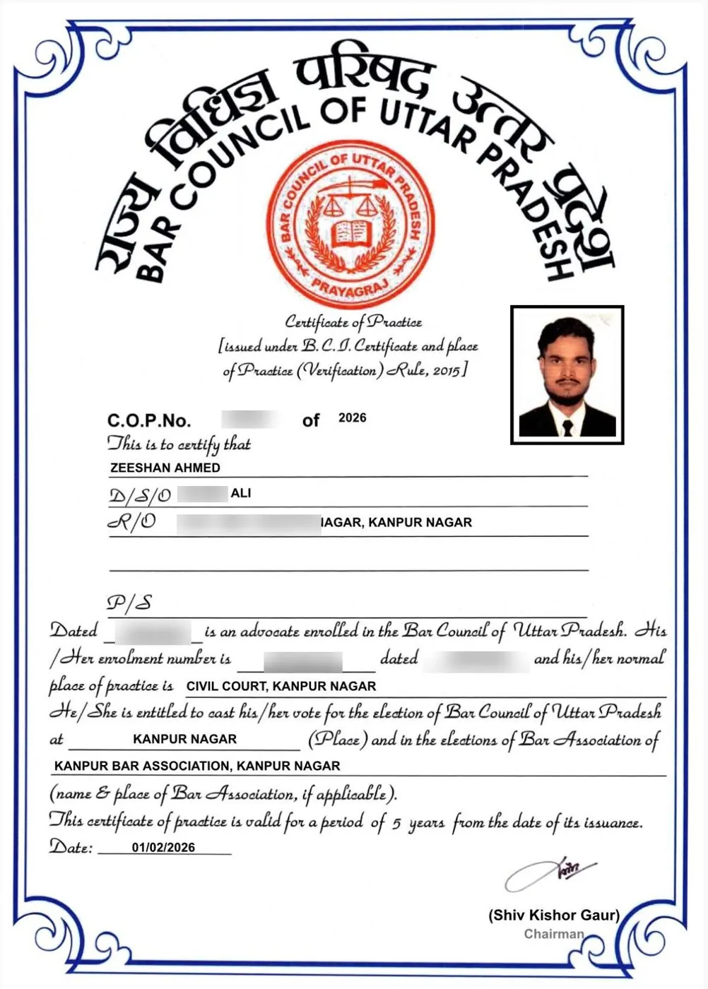 Certificate of Practice issued by the Bar Council of Uttar Pradesh