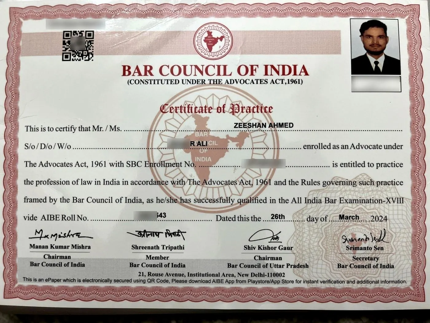 Certificate of Practice issued by the Bar Council of India